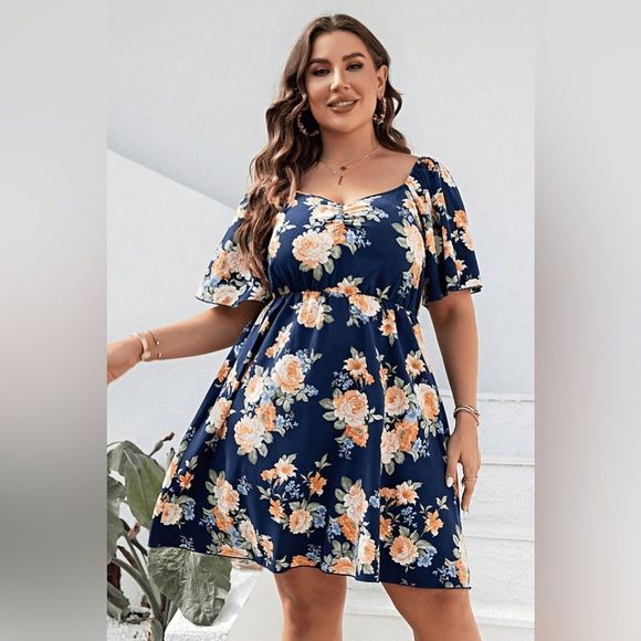 Blue Plus Size Floral Print V-Neck Flutter Sleeve A-Line Mini Dress - Picture 2 of 3